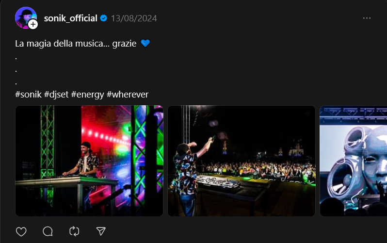 Screenshot 2024-08-24 at 03-53-07 (9 ) @sonik_official • La magia della musica… grazie 💙 . . . #sonik #djset #energy #wherever • Threads